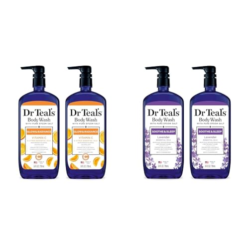 Dr Teal's Body Wash Bundle with Pure Epsom Salt, Glow & Radiance with Vitamin C & Citrus Essential Oils, 24oz (Pack of 2) and Soothe & Sleep with Lavender, 24 fl oz (Pack of 2)