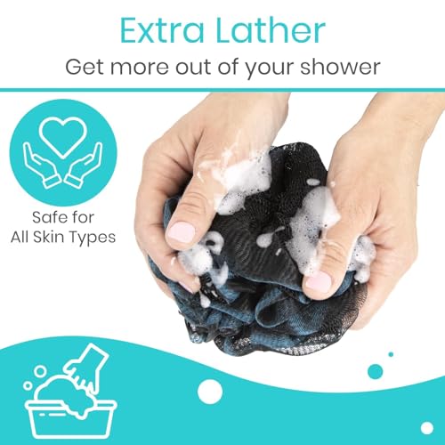 Vive Loofah Sponge Replacement (4 Pk) Shower & Bath Pouf Scrubber for Back & Body Exfoliation, Works with Vive Interchangeable Loofa Handle Long Brush (Replacement Sponge Black and Blue (4 Pack), 4)