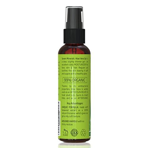 Seven Minerals, Travel Size Organic Aloe Vera Gel from freshly cut 100% Pure Aloe - 2 Fl Oz - HighestQuality, Texas grown, Vegan, Unscented - For Face, Skin, Hair, Sunburn relief (2 Fl Oz)