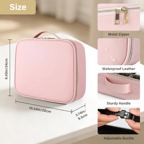 Travel Makeup Bag with Lighted Mirror, Adjustable Partition Makeup Travel Case, Adjustable Brightness in 3-Color Scene, Waterproof Makeup Train Case, Luminous Makeup Bag with Detachable Mirror, Pink