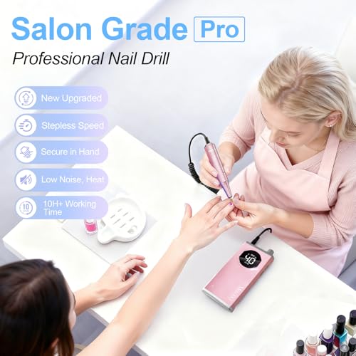 Electric Nail Drill File Professional 40000 RPM, Melodly Rechargeable Electric Nail File Machine Kit for Acrylic Gel Nails Polishing Removing, Portable Cordless Efile with Gold Bits Kit at Salon Home