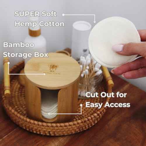Reusable Hemp Cotton Rounds 15-Pack with Bamboo Storage Box ? Ultra-Soft Organic Face Pads for Makeup Removal, Skincare Accessories, and Eco-Friendly Beauty Essentials