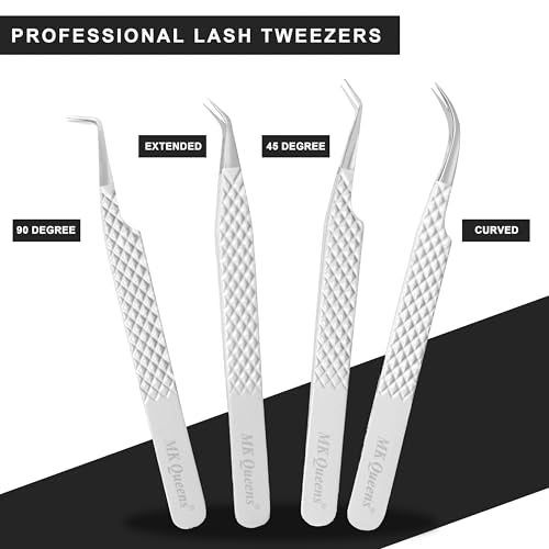 Fiber Tip Lash Tweezers for Eyelash Extensions with Diamond Grip, Set of 4 Precise Tips Japanese Steel for Classic, Volume & Mega Volume Lashes, Ideal Tweezers Set for Lash Artists (4, White)