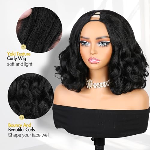 V Part Yaki Curly Wig 12" Glueless Synthetic Hair Black