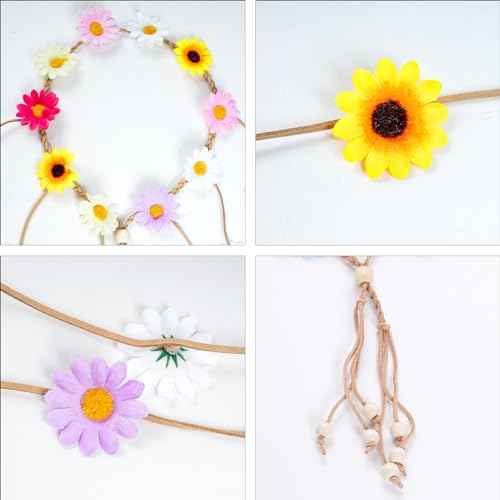 Sucrain 2pcs Flower Hippie Headband Floral Crown Summer Sunflower Hair Accessories for 70 s Bohemian Costumes Style (Yellow+Colorful)