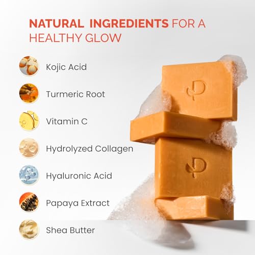 PLANTIFIQUE Kojic Acid Soap for Hyperpigmentation - Turmeric Soap 2 Bars with Hyaluronic Acid, Collagen, Vitamin C for Dark Spots - Face Wash for Women and Men, Vegan Skincare, 160g / 5.64 oz