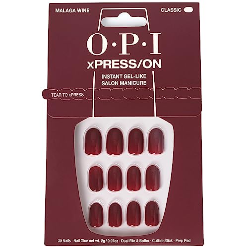 OPI xPRESS/ON Press On Nails, Up to 14 Days of Wear, Gel-Like Salon Manicure, Vegan, Sustainable Packaging, With Nail Glue, Short Red Nails, Malaga Wine