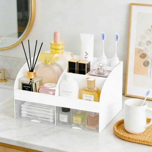 Makeup Organizer with Drawers & Brush Holder - White