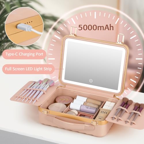 Longyu Makeup Box with Lighted Mirror Travel Train Case Cosmetic Organizer and Makeup Suitcase with Adjustable Dividers and 5X Mirror (Pink)