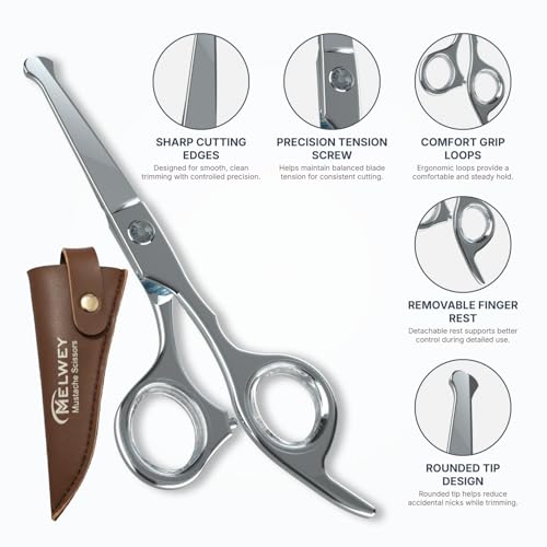 Mustache Scissors for Men 5.5 Inch ? Premium Stainless Steel Mustache & Beard Trimming Scissors with Rounded Tips for Safe Precision Grooming, Nose, Eyebrow & Facial Hair Scissor (Silver)