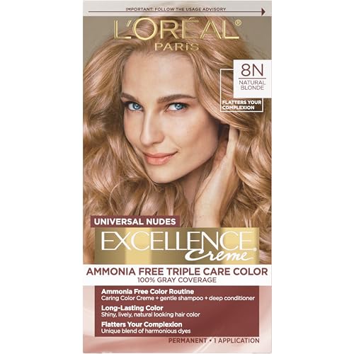 L’Oréal Paris Excellence Universal Nudes Permanent Hair Color, Ammonia Free Hair Dye for Gray Hair Coverage, 8N Natural Blonde, 1 Hair Dye Kit