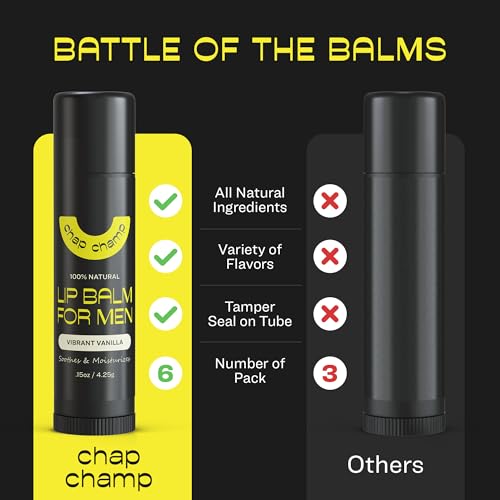 Lip Balm for Men - Mens Lip Balm Vitamin E and Beeswax - Chapstick for Men - Peppermint, Coconut & Vanilla - Made in the USA (All Natural, 6 Pack)