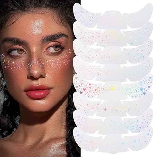 8Pcs Face Makeup Patches, Glitter Freckles Face Tattoo for Teenagers & Young Women, Sparkle Freckles Makeup Patches, Waterproof Face Glitter Freckles for Christmas (8Pcs Holographic Multicolor)