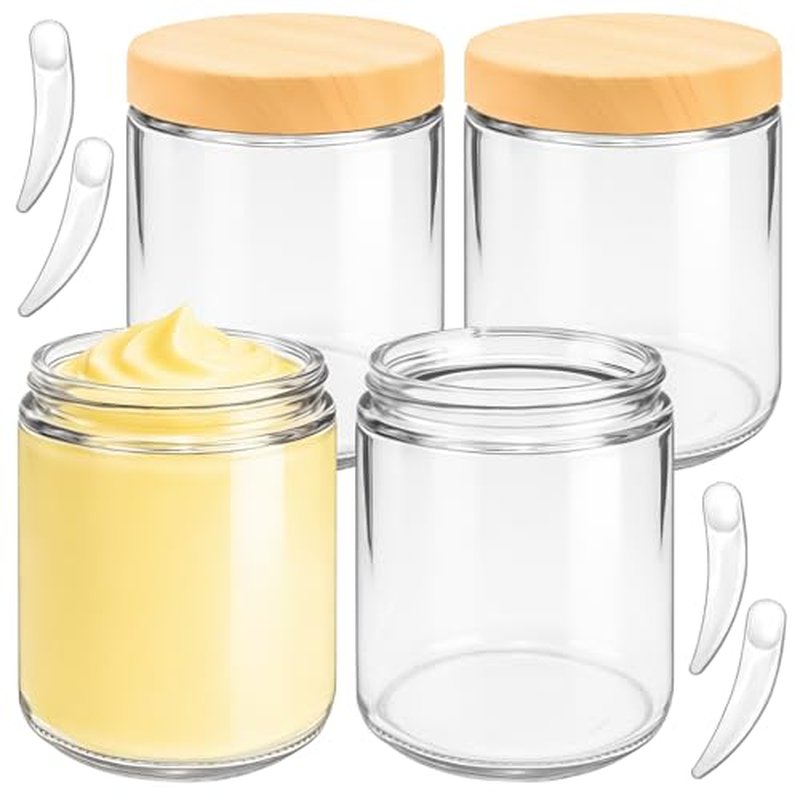 8oz Glass Jars with Woodgrain Lids - 4 Pack Cosmetic Containers