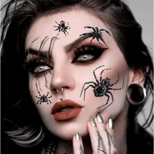 Spider Face Jewels Gems Rhinestones Spider Web Tattoos Makeup Crystal Temporary Stickers Body Jewels for Women Halloween Festival Party Dress up