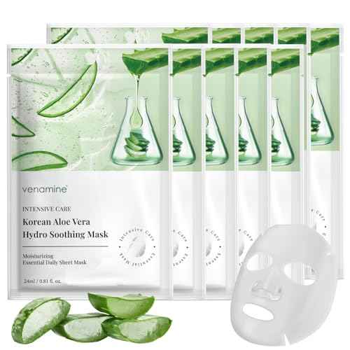 VENAMINE Korean Aloe Vera Hydro Soothing Face Masks, Moisturizing Sheet Mask for Sensitive Skin, 0.81 fl. oz (10 sheet)