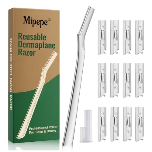 Metal Dermaplane Razor for Face & Brows - Reusable Silver Facial Hair Remover with 12 Blades