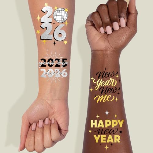 NYE Temporary Tattoos 2026 - 40 Gold & Silver Foil Designs