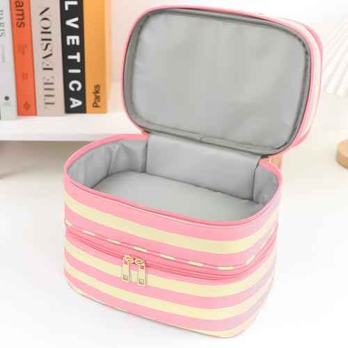 Three Layer Makeup Bag for Women Fashion Stripes Cosmetic Bag Preppy Style Travel Water-Resistant Toiletry Bag for Storage Toiletries Cosmetics Sets for Women Teen Girls Pink