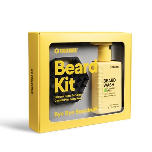 TOOLETRIES Men's Beard Kit - Silicone Beard Scrubber & Hydrating Wash with Coastal Pine Scent, Facial Hair Exfoliator for Men, Deep Cleans & Exfoliates Skin, Removes Beardruff