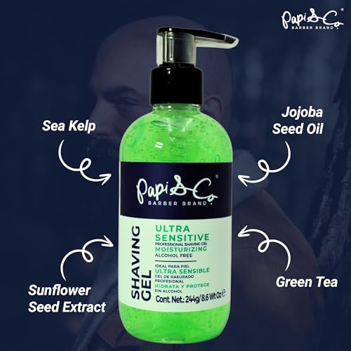 Papi & Co. Shave Gel Men ? Sensitive Skin Shaving Gel with Brazilian Mint Oil ? Clear Non-Foaming Formula for Beard and Mustache ? Moisturizing Barber Grooming Skincare, Alcohol-Free ? 8.6oz