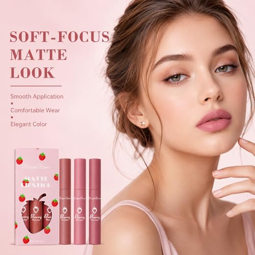 Sulily 3-Pack Matte Lipstick Set - Dark Velvet Red & Nude Shades, Long Lasting, Waterproof, Variation D