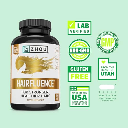 Zhou Hairfluence - Vegan Biotin Supplement for Hair Growth for Men & Women, Lustriva Hair Growth Supplement for Nails & Glowing Skin with B Vitamin Complex & Keranat - 120 Capsules (Pack of 1)
