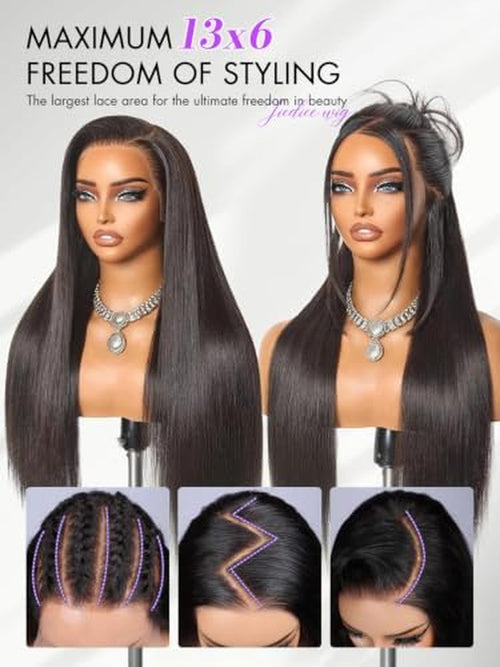 13x6 Lace Front Wig Human Hair 34" Straight Natural Black 200%