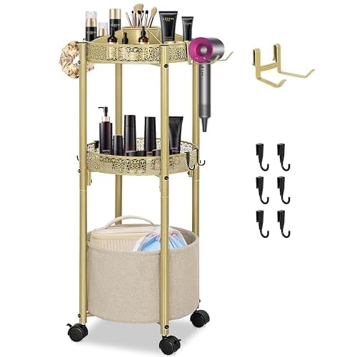 3-Tier Rolling Makeup Organizer Cart with Hair Dryer Holder - Salon-Grade Cosmetic Organizer, Mobile Bathroom Storage Cart for Skincare, Makeup Essentials -Locking Wheels (Gold Finish)