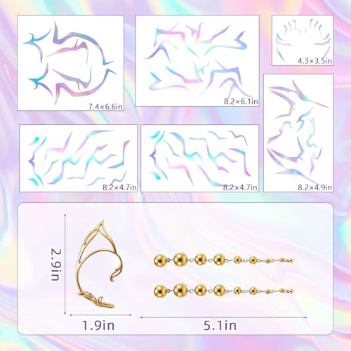 9Pcs Colorful Laser Temporary Tattoos and Gold Earrings Set, Hunter Themed Accessories for Cosplay Dance Party, Music Festivals, Halloween