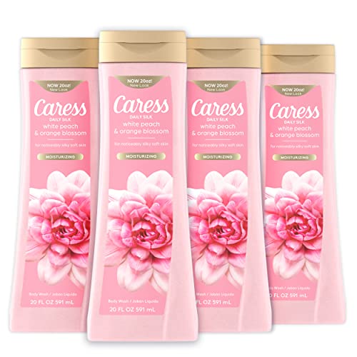 Caress Body Wash With Silk Extract For Noticeably Silky, Soft Skin Daily Silk Body Soap With White Peach & Orange Blossom 20 fl oz 4 pack & Moisturizing Peony & Almond Blossom Body Wash For Fresh