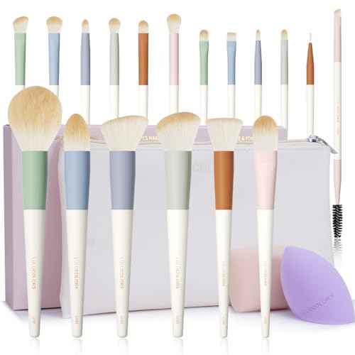 Colorful Series 18-Pcs Makeup Brush Set with Soft, Cruelty-Free Synthetic Bristles, Wooden Matte Handles, 2 Latex-Free Makeup Sponges & Travel Storage Bag ? Face & Eye Brushes for Makeup