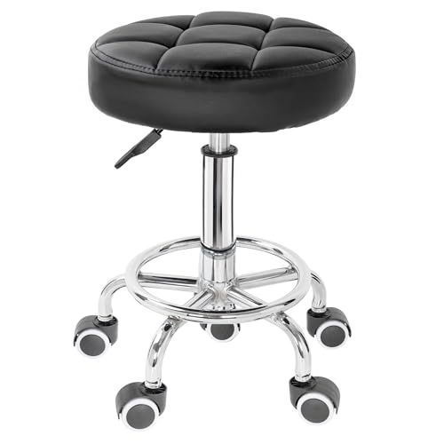 PU Leather Rolling Stool Height Adjustable Swivel Seat with Footrest
