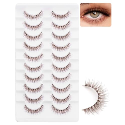 outopen 10 Pairs Brown Lashes Natural Look Cat Eye Brown Eyelashes Wispy Clear Band Eye Lash Short Fake Eyelash