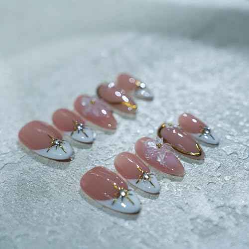 Brown French Tip Medium Press On Nails £¬3D Metallic Rhinestones style Design Handmade Press On Nails £¬Reusable Glam ArtAcrylic Nails (10 PCS)