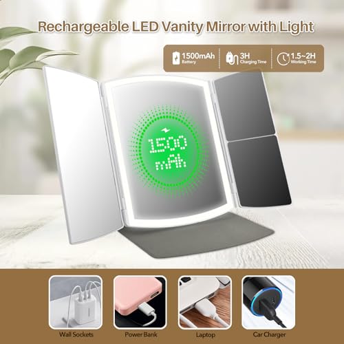 WIZCHARK Trifold Makeup Mirror with Lights, 2X/5X Magnification