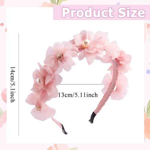 Flower Headband Spring Summer Hair Accessories for Women Girls, Pink Rose Flowers Hair Bands Pearls Elegant Decoration Headdress Party Wedding Supplies Non Slip Head Band 1 Pcs