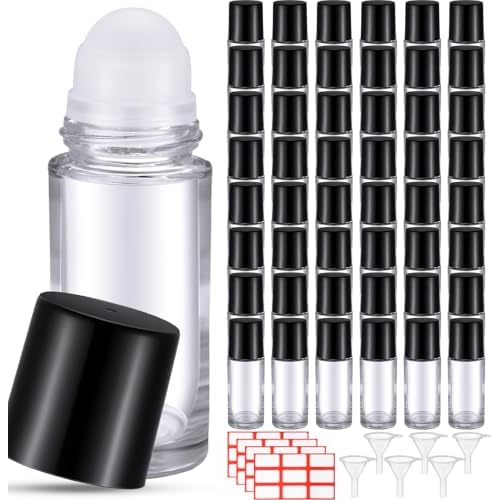 Sumind 48 Essential Oil Roller Bottles Glass Deodorant Bottle Roller Ball Container Empty Refillable Rollerball Bottle with Plastic Balls, Funnel and Sticker (30 ml,Clear)
