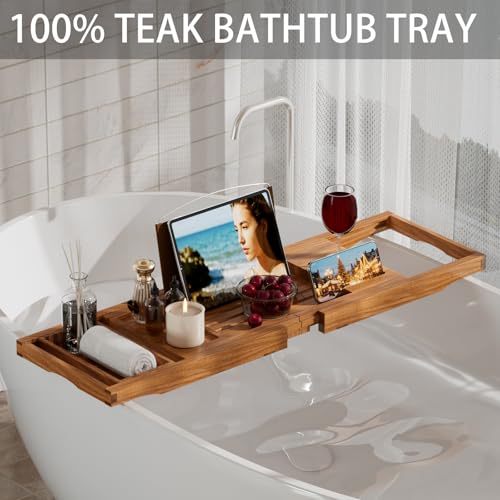 Teak Bathtub Caddy Tray - Expandable Wood Bath Organizer