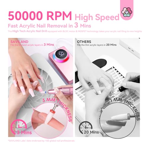 SAVILAND 50000RPM Pink Electric Nail Drill Kit for Acrylic Nails - Light Pink