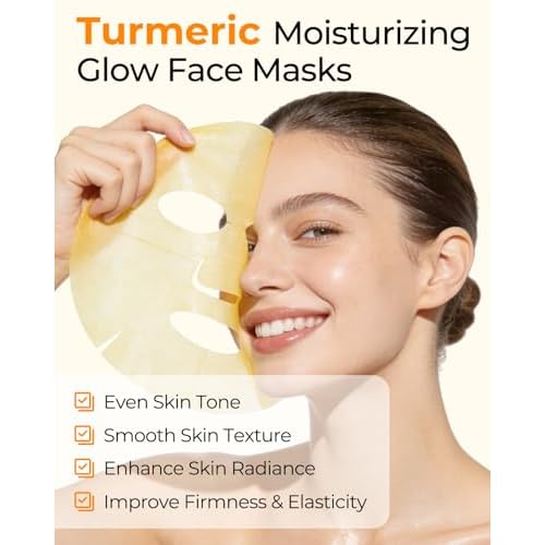 6 Sheet Masks Kojic Acid Turmeric Face Mask Even-Looking Skin Tone, Elasticity, Radiant, Hydrating Face Masks for Dull Skin Facial Mask Controlling Oil and Refining Pores Facemask Skincare