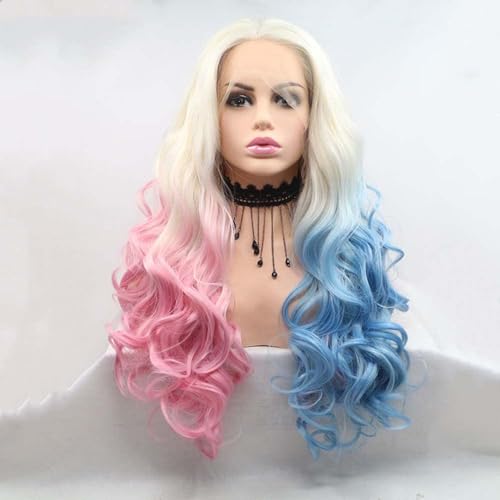Xiweiya Wig 60# Platinum Blonde Ombre Blue Mixed Pink Lace Front Wig Long Body Wavy 3 Tones Synthetic Lace Front Wig Heat Resistant Fiber Wig for Woman Halloween Harley Quinn Cosplay 24inch