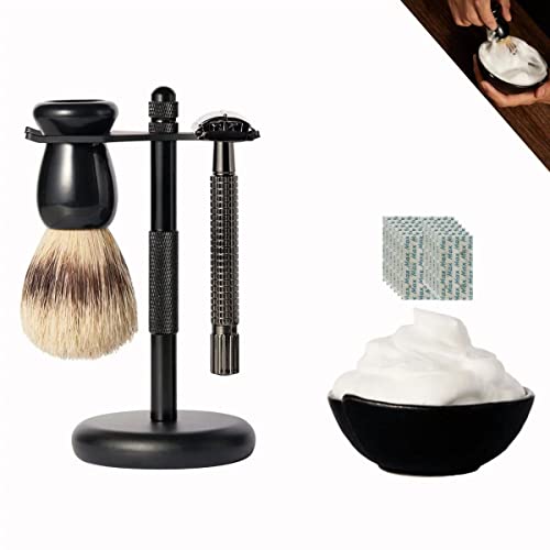 Deluxe Men¡¯s Wet shaving Kit, All Black Set, Lengthen Version Double Edge Safety Razor, Large Stand, Shaving Brush, Ceramic Shaving Bowl and 10 Extra Blades