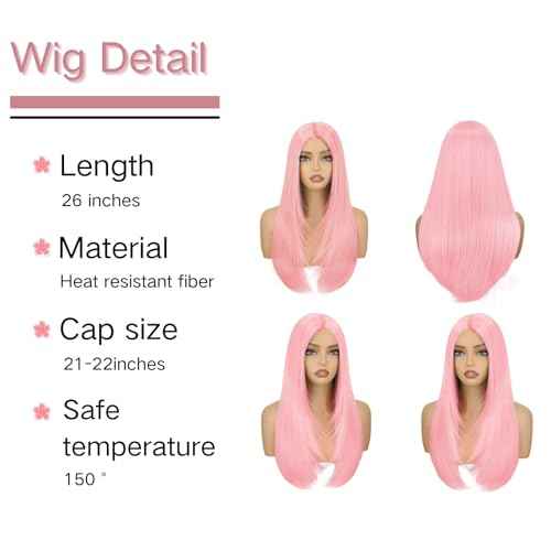 Pink Lace Front Wig for Women Pre-Plucked Pre Cut Glueless Long Straight Layered Synthetic Ready to Wear Wig 4x6 HD Lace for Girls Party Cosplay and Daily Use 26 Inch