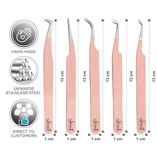 SIVOTE Lash Tweezers for Eyelash Extensions, Pack of 5 Peach ? Lash Extension Tweezers Set with Diamond Grip, Precision Fiber Tip for Volume Eyelash Extensions