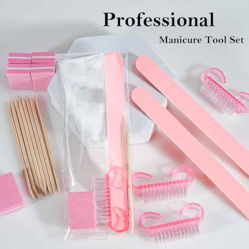 Disposable Manicure kit Press On Nail Tool Kit for Salon Home, Mini Nail Buffer, Nail File, Wood Stick, Nail Brush (Pink, 50 Set)