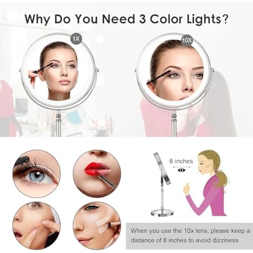 Lighted Makeup Mirror, 3000 mAh Rechargeable Double Sided Magnifying Vanity Mirror with 3 Colors, 1x/10x, 360¡Æ Rotation , Brightness Adjustable Magnification Cosmetic Light up Mirror, Women Gift
