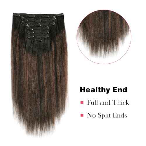 Sassina Thick Yaki Straight Style Clip in Hair Extensions Natural Black to Chocolate Brown Double Weft Real Human Hair Clip in Hair Extensions 120 Grams 14 Inch 7 Pcs