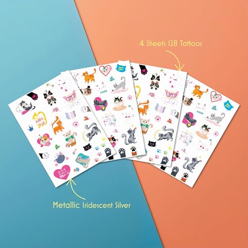PapaKit Kitty Cats Temporary Fake Tattoo Set, 4 Sheets 64 Styles with Metallic Iridescent Foil | Party Favors, Birthday Goodie Bag Fillers, School Rewards