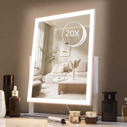 HIEEY Lighted Makeup Mirror, 17.4" L x 13.1" W Hollywood Vanity Mirror with Lights, Three Color Lighting Modes, with 4in 20X Magnification Mirror, Smart Touch Control, 360¡ÆRotation (White,Gift Box)